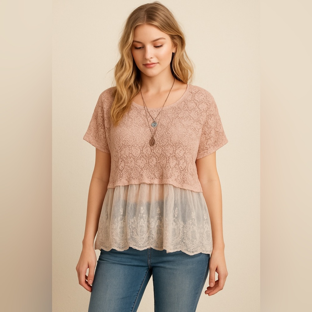 Vintage Havana Pink Cropped  Blouse with Lace detail